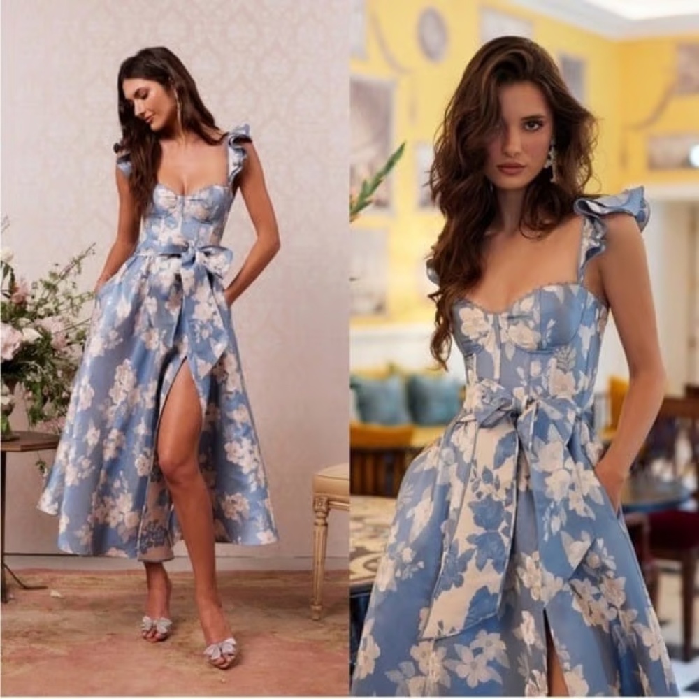 NWT V. Chapman Vera Ruffle-Strap Corset Side Slit Midi Dress